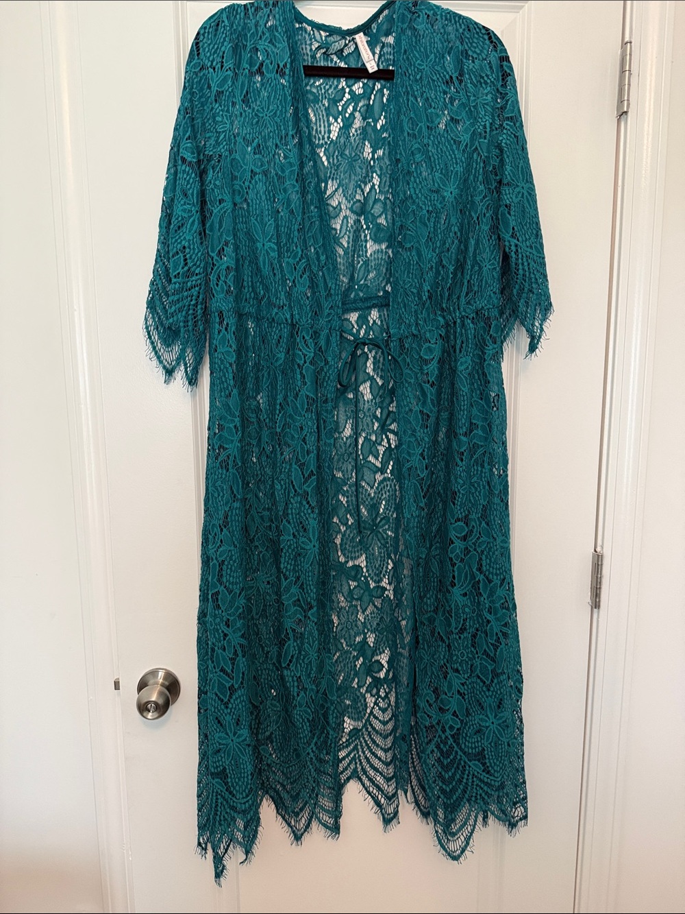 Teal Lace Open-Front Tunic Cover-Up with Tie Waist